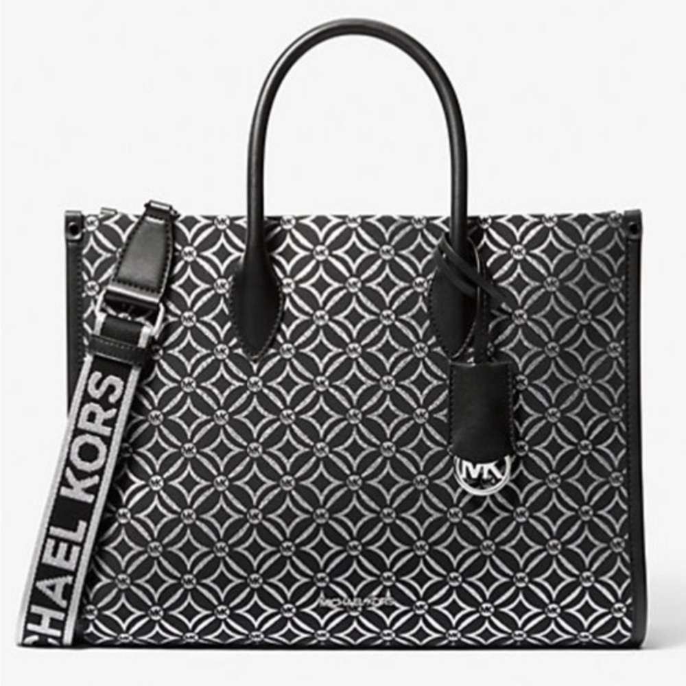 Michael Kors Mirella Medium Metallic Logo Jacquard Tote Bag Black